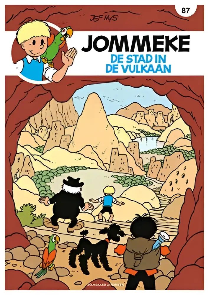 De cover van jommeke stripboek nummer 87 de stad in de vulkaan toont cartoonfiguren en dieren in een woestijnlandschap