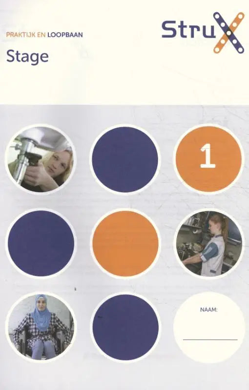 De cover van een strux educatief werkboek getiteld stage met cirkelvormige afbeeldingen en gekleurde cirkels in een raster