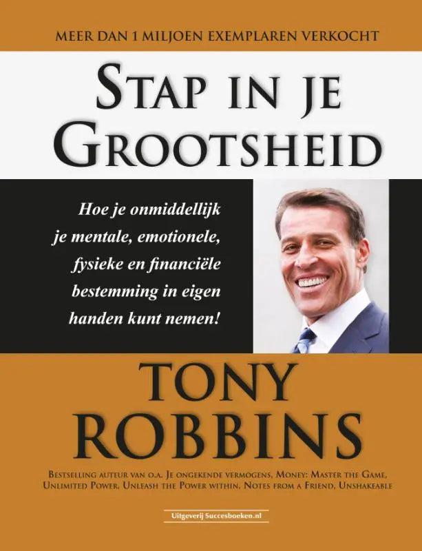 De boekcover toont een glimlachende man in donker pak met zwarte tekst over financiële bestemming op oranje achtergrond