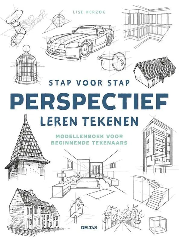 De cover van het nederlandse kunst instructieboek stap voor stap perspectief leren tekenen door lise herzog met zwart-wit lijntekeningen van architectuur en auto schetsen