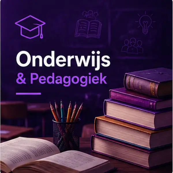 Stapeltje boeken met paarse en gouden ruggen.