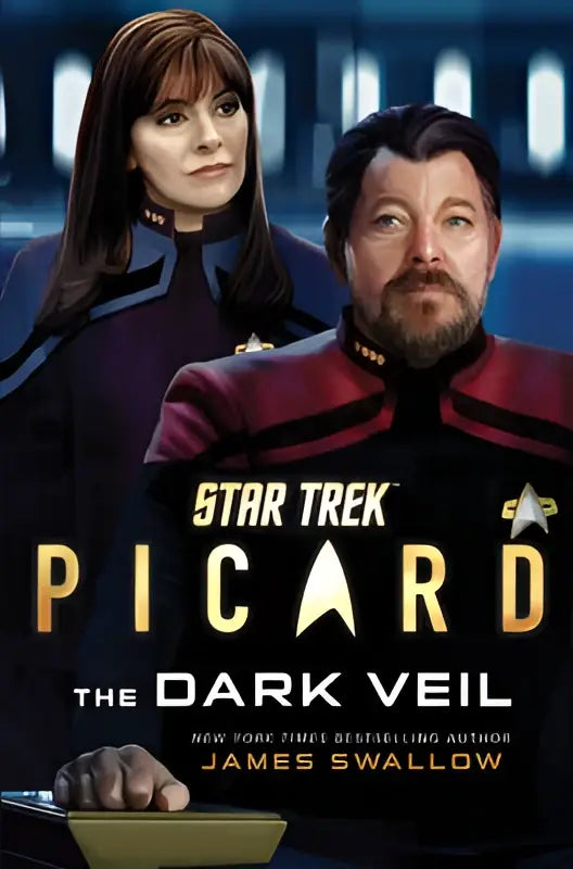 De cover van het star trek picard boek the dark veil toont captain jean-luc picard en deanna troi in hun iconische uniformen