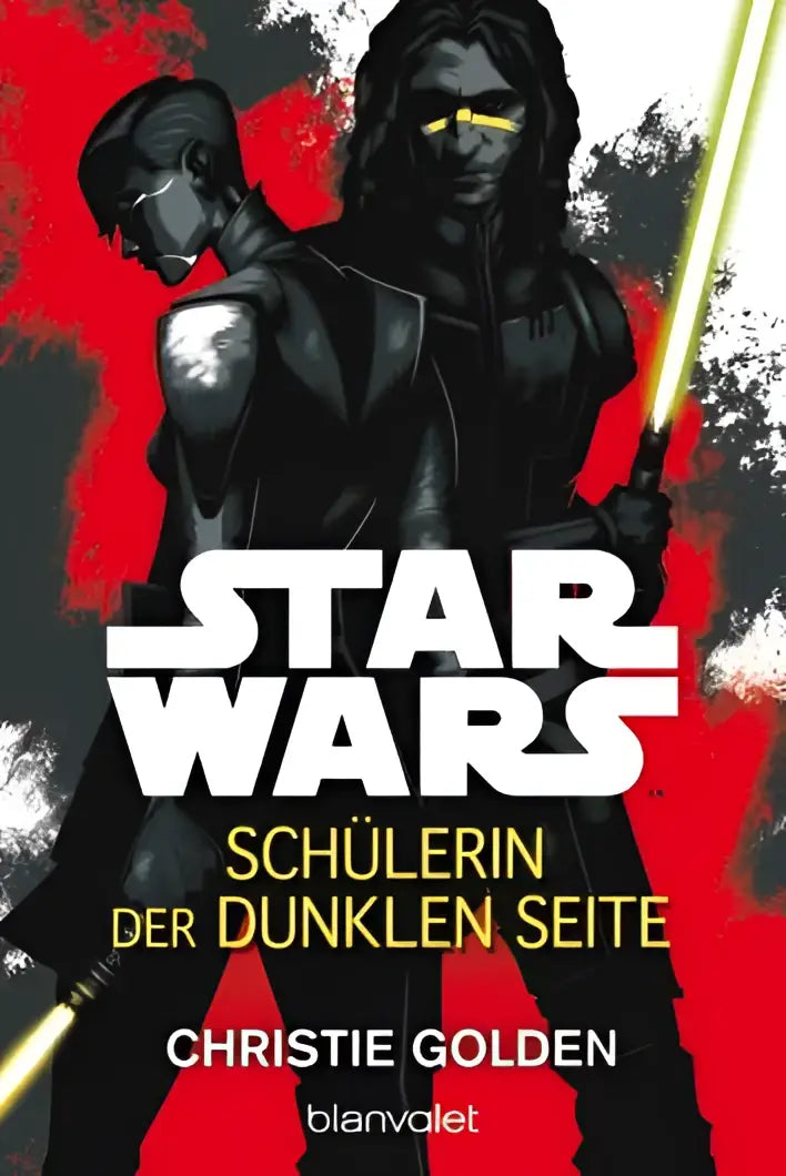 De cover van star wars schülerin der dunklen seite toont een zwart-wit illustratie van twee karakters tegen een rode achtergrond