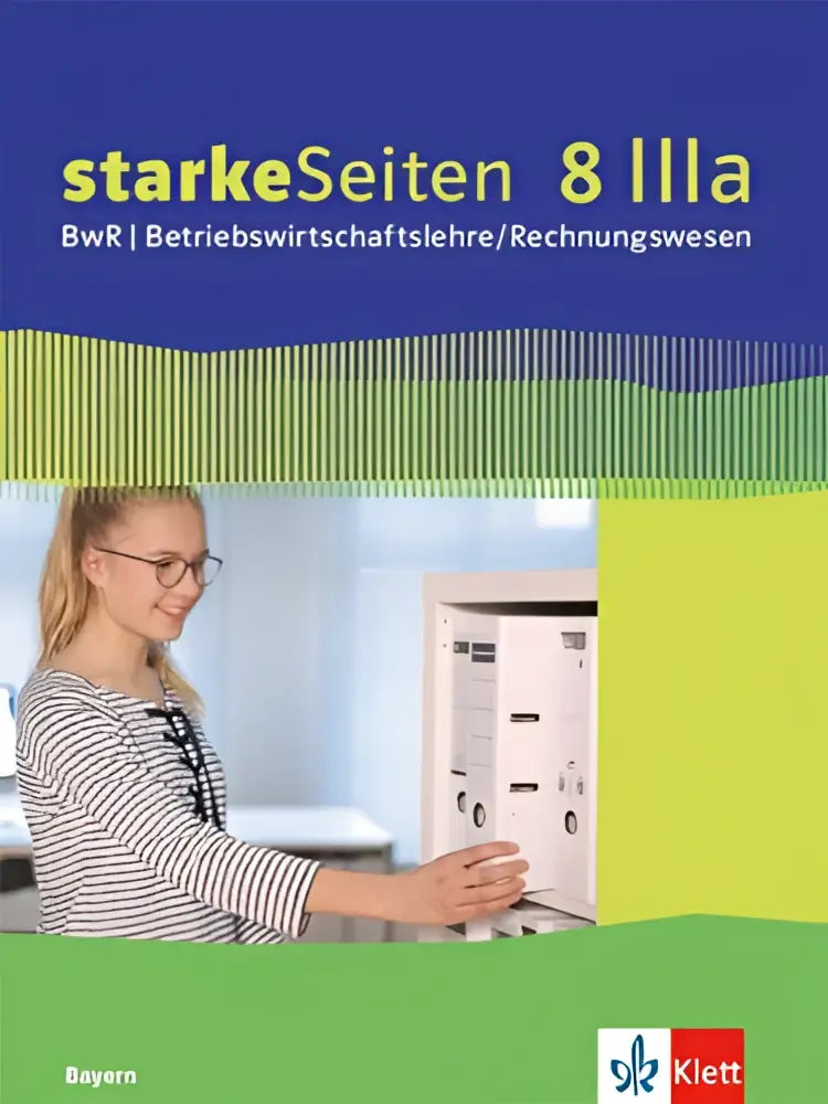 De cover van het starkeSeiten BWR schülerbuch 8 IIIa ausgabe bayern realschule toont een jonge vrouw bij witte archiefkasten