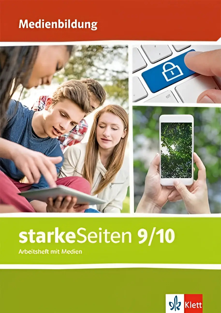 Groen en wit arbeitsheft mit medien sterkeSeiten 9/10 van klett met afbeeldingen van leerlingen en een toetsenbord met sloticon