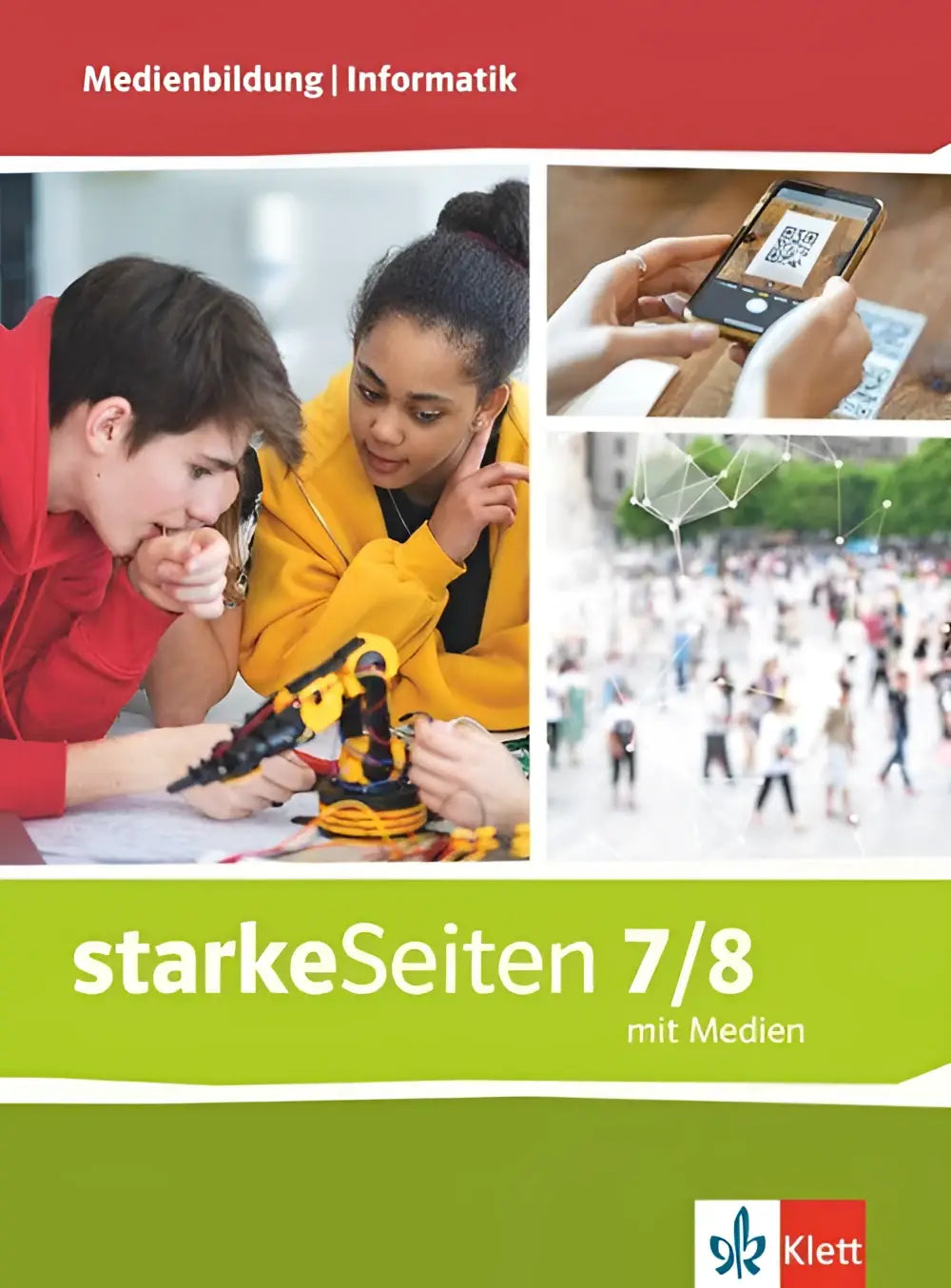 De cover van het starkeSeiten medienbildung und informatik schulbuch mit medien voor klasse 7/8 met rood-groen ontwerp en leerlingenbeelden