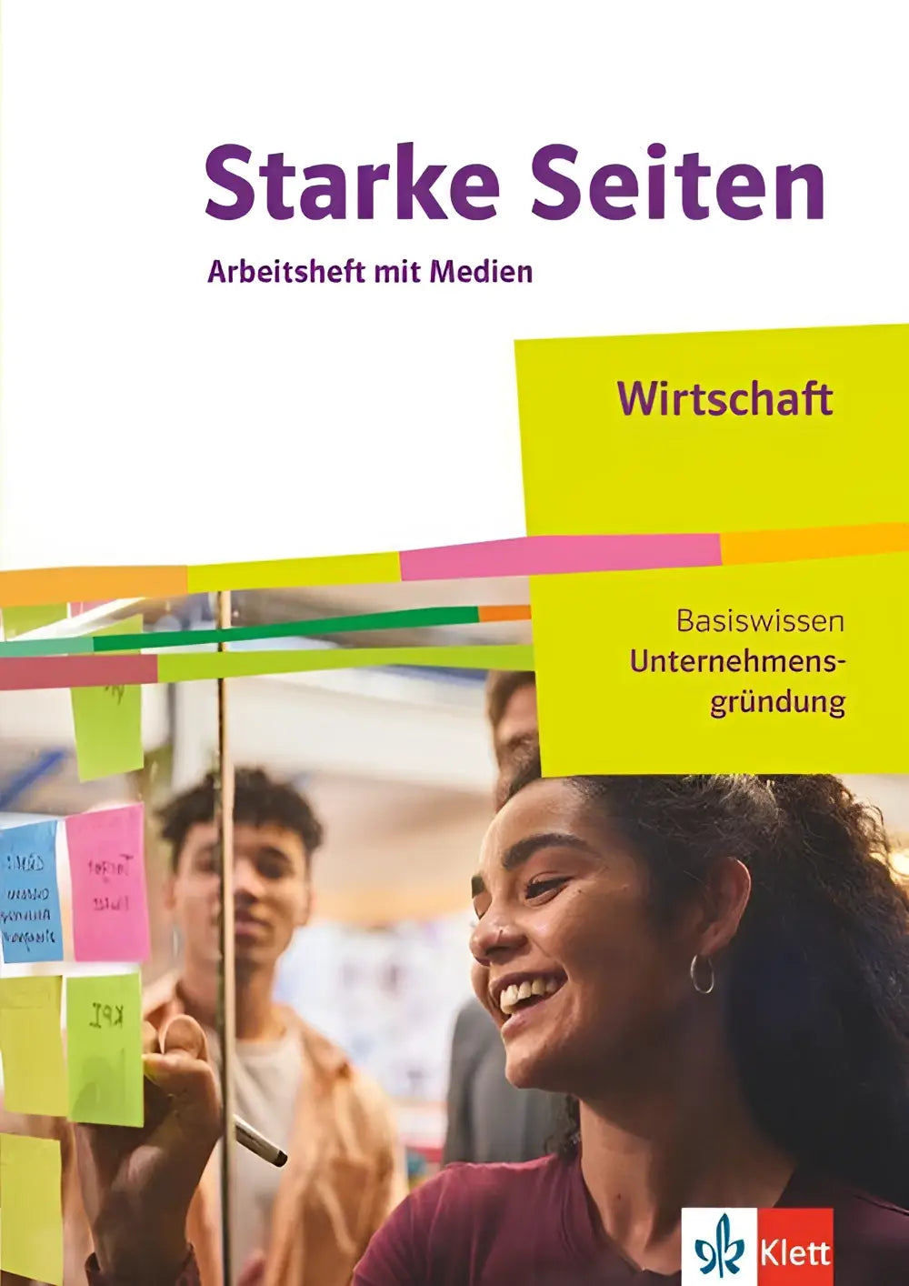 Werkboek sterkeSeiten wirtschaft basiswissen met audios en video’s met paarse en gele cover en glimlachende vrouw
