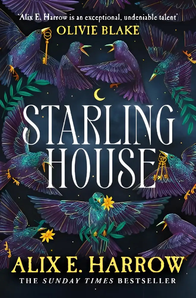 De boekcover van starling house door alix e met een donkere, sfeervolle achtergrond en witte titeltekst
