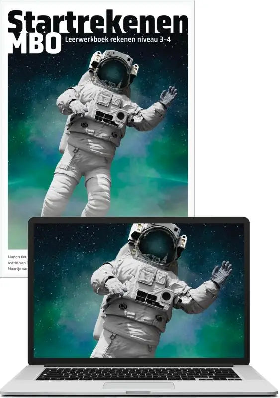 Wit astronautenfiguur in ruimtepak tegen kosmische achtergrond met groene en blauwe nevels voor startrekenen mbo combinatiepakket