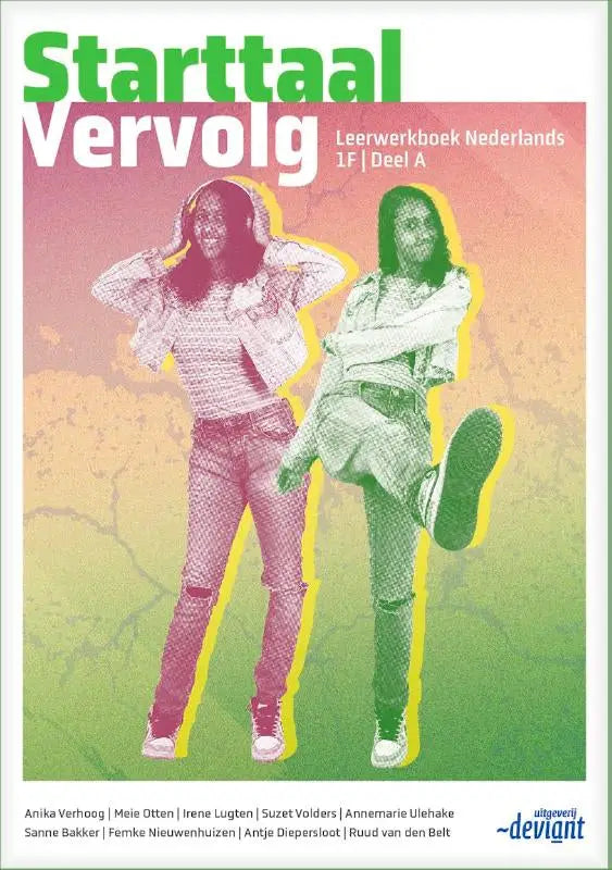 De cover van het starttaal vervolg leerboek voor de taal bve-sector toont twee gestileerde figuren in roze en groen