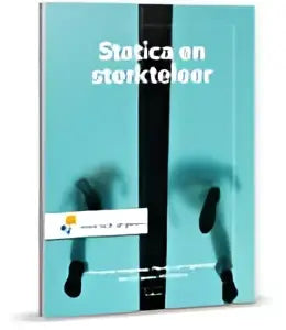 De boekcover van statica en sterkteleer door arnette vogelaar en jacques timmers toont een lichtblauwe minimalistische stijl voor hoger onderwijs