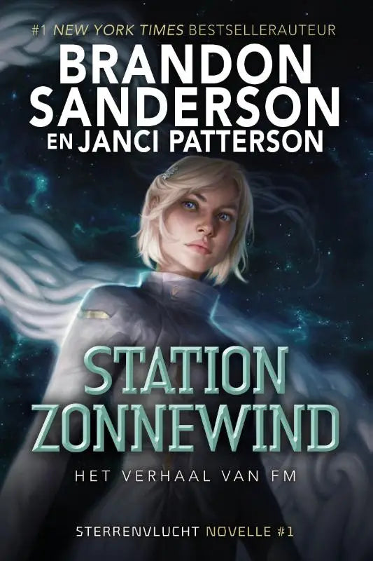 De cover van het boek station zonnewind van brandon sanderson toont een vrouw in futuristisch donkergrijs uniform sterrenvlucht novelles