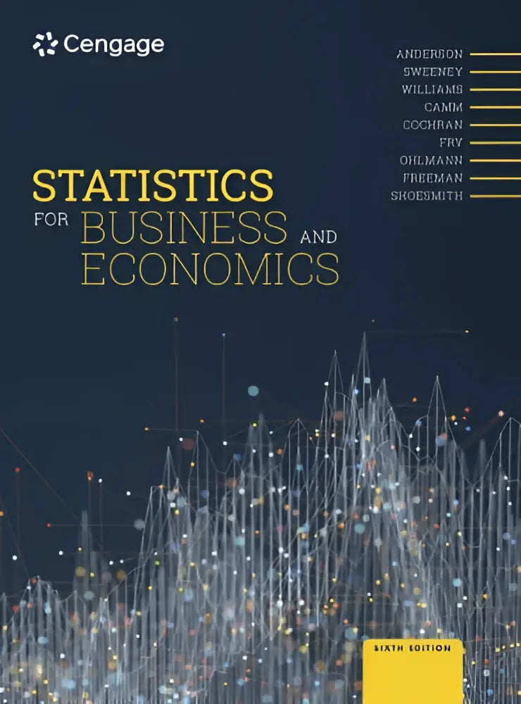 Donkerblauw leerboek statistics for business and economics met gouden titel en netwerkachtige, gloeiende lijnen grafiek
