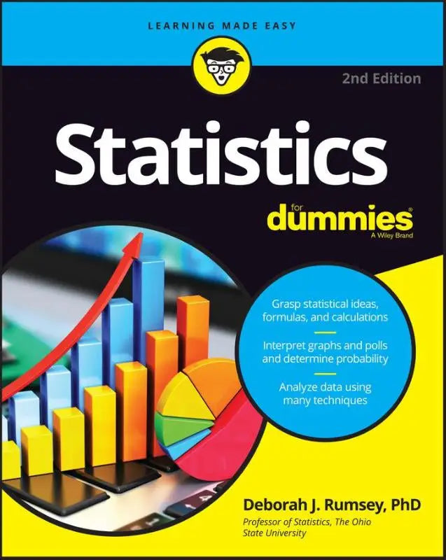 Boek statistics for dummies tweede editie met levendige cover en kleurrijke grafieken op zwarte achtergrond