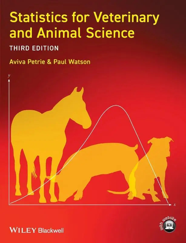 Het boek statistics for veterinary and animal science heeft een rode cover met gele silhouetten van paard hond en kat op een statistische curve