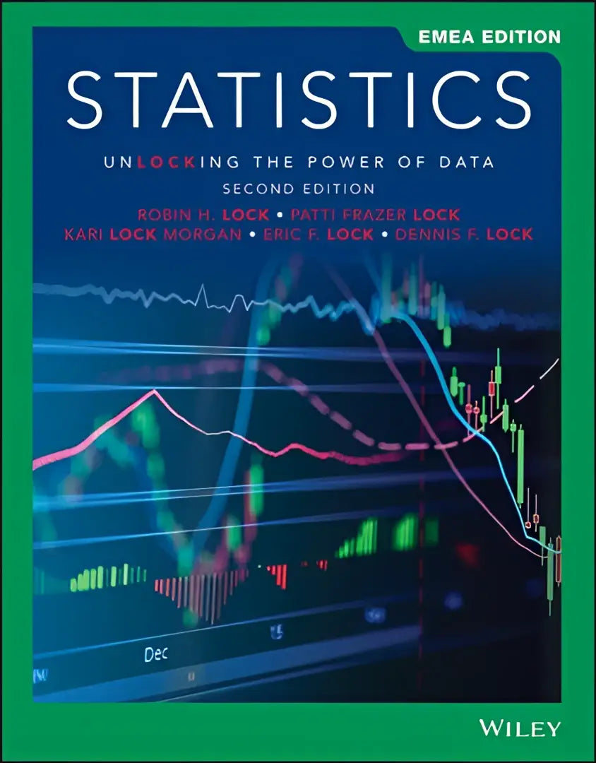 De boekomslag van statistics unlocking the power of data emea edition toont een modern ontwerp met blauwe en groene financiële grafieken