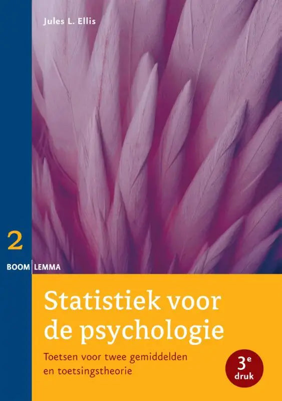Boek over statistiek voor de psychologie met close-up van roze en paarse bloembladeren en titel op oranje achtergrond