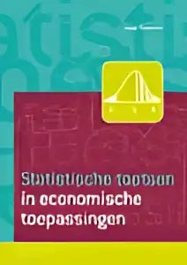 Boekcover Statistieke toetsen in economische toepassingen met teal, maroon en gele brug