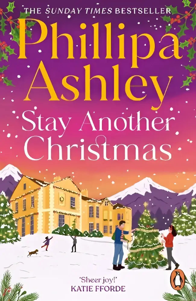 The book cover of Stay Another Christmas shows a yellow house and people by decorated trees in a snowy winter scene