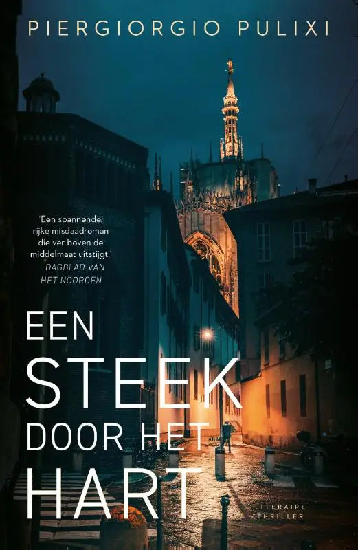 De boekomslag van Een steek door het hart toont een sfeervol nachtbeeld van een gotische kathedraaltoren
