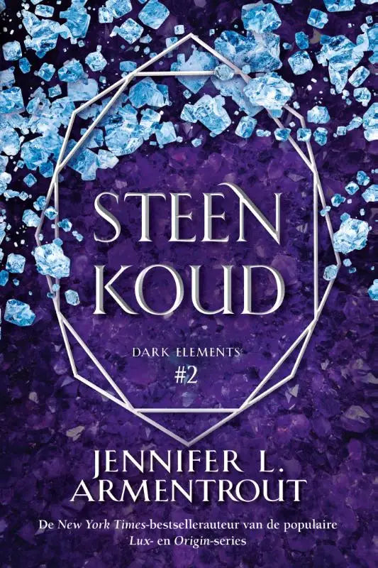 Purple boekcover met blauwe kristalfragmenten en zilveren geometrisch frame voor young adult fantasy steenkoud van jennifer l