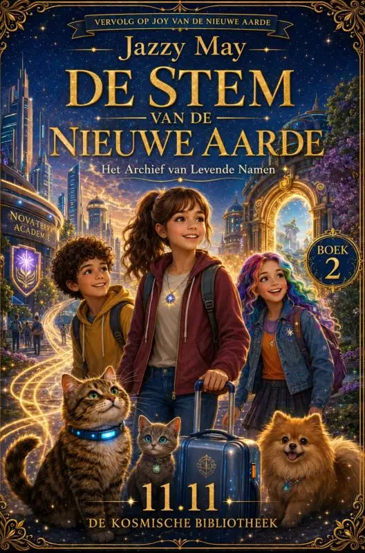 Blauwe koffer met goud emblem en uittrekbare handgreep in futuristisch ontwerp voor nieuwe aarde deel 2 kosmische bibliotheek