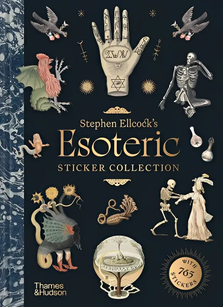 Stephen Ellcocks esoteric sticker collection features a dark navy book cover with gold foil mystical illustrations