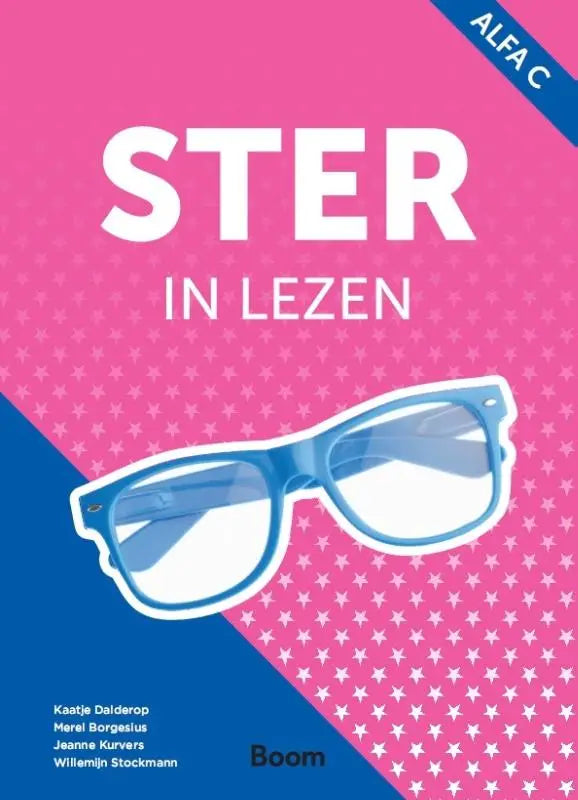 Blauwe montuur bril met witte glazen geïllustreerd op een roze en blauwe boekomslag van ster in lezen
