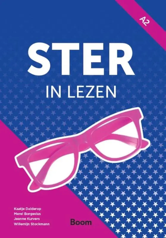 Roze kunststof leesbril met witte glazen op blauw en magenta boek met sterpatroon voor ster in lezen