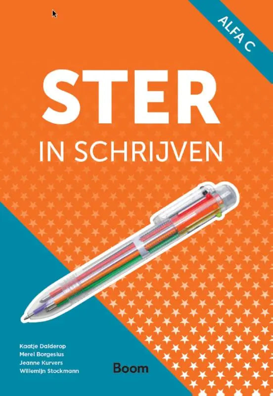 Transparante meerkleurige pen ster in schrijven alfa c met zichtbare rood, groen en blauw inktcartridges