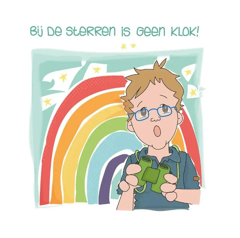 Groene verrekijker vastgehouden door een cartoonjongen met bril tegen een regenboogachtergrond voor jonge lezers bij de sterren is geen klok