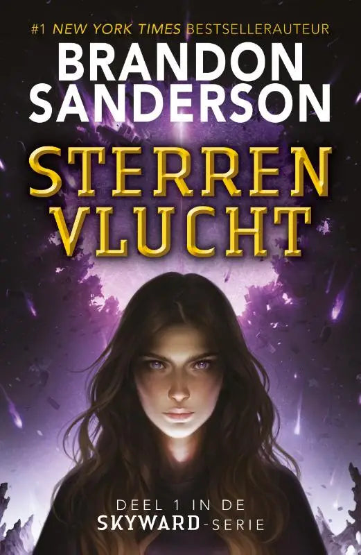 De boekcover van Sterrenvlucht toont een vrouw met donkere haren en intense ogen tegen een paarse kosmische achtergrond, van brandon sanderson