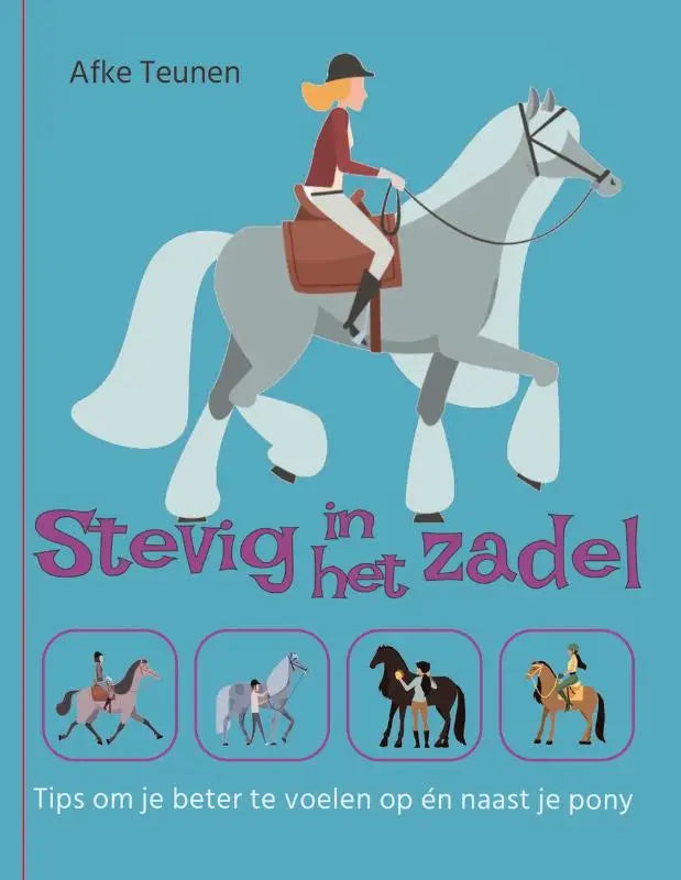 Een gestileerde illustratie van een grijze pony met witte manen en zwarte ruitersportuitrusting voor jonge lezers