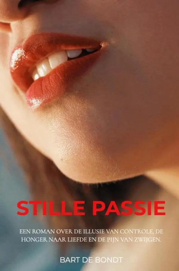 Close-up van glanzende, warm koraalrode lippen passend bij stille passie een roman over liefde en controle