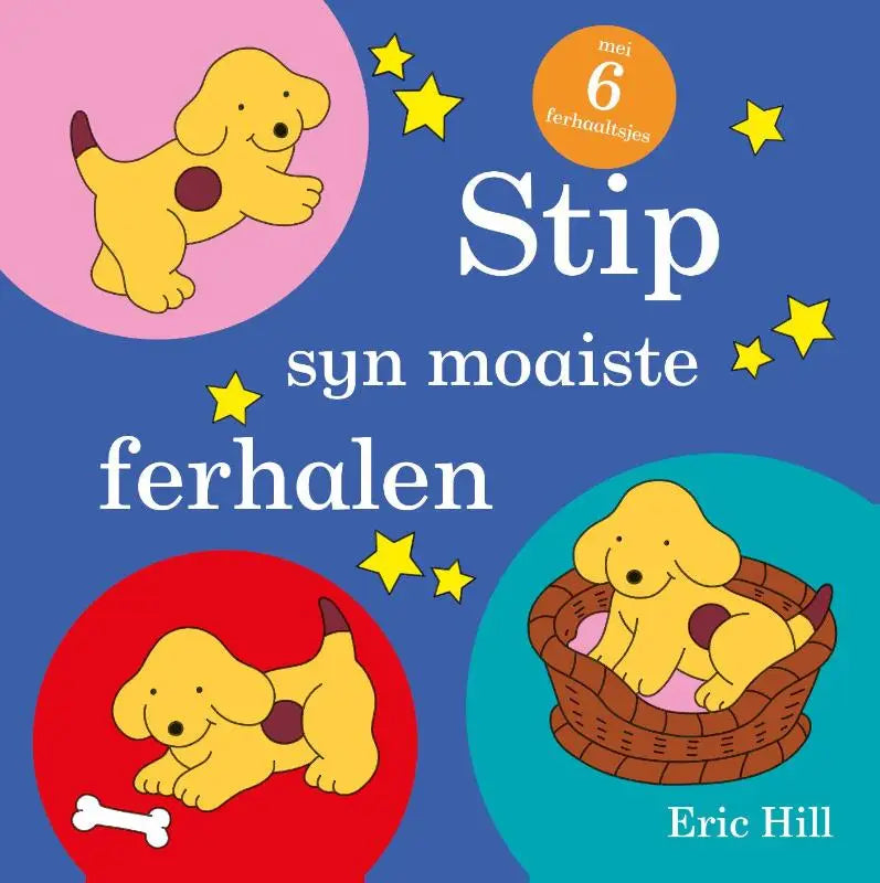 Blauw kinderboek stip syn moaiste toont gele puppy met bruine vlek in cartoonstijl in kleurrijke cirkels