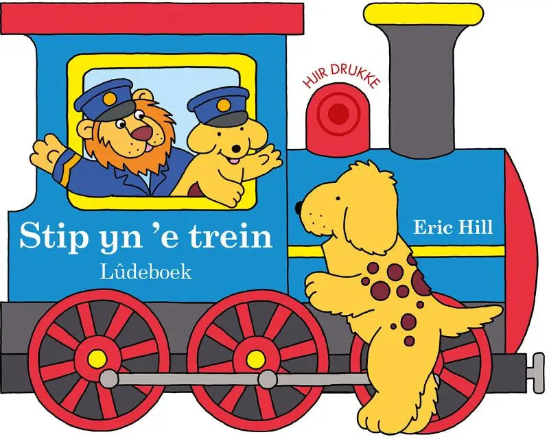 Blauw en rood cartoon trein stip yn ’e trein met gele accenten en een leeuw en hond conducteur die zwaaien vanuit het raam