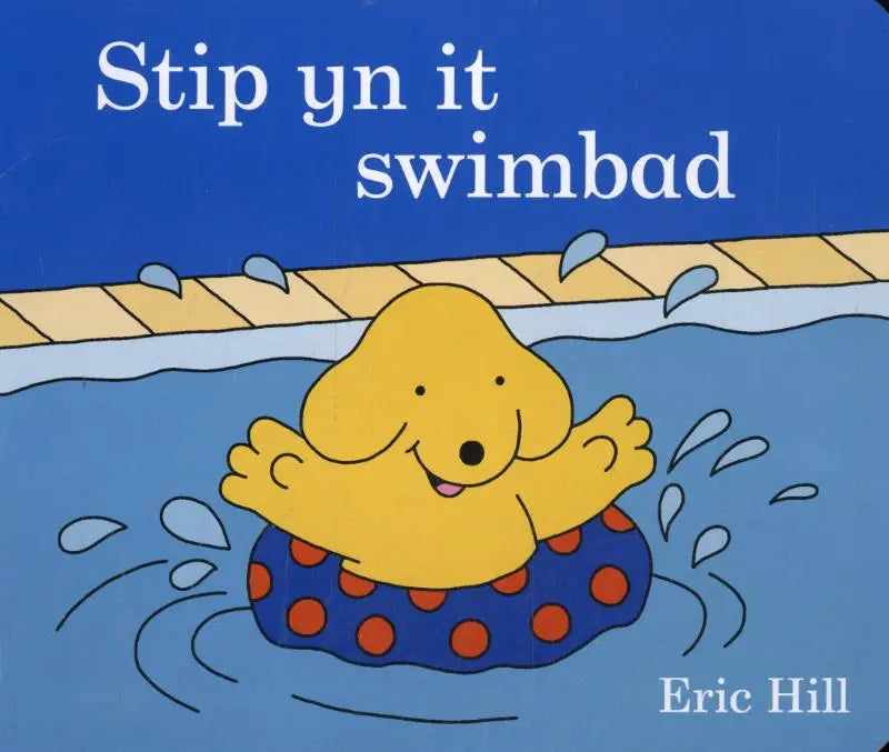 Een vrolijke gele cartoonhond met een blauwe opblaasring met rode stippen drijft in het stip yn it swimbad voor jonge lezers