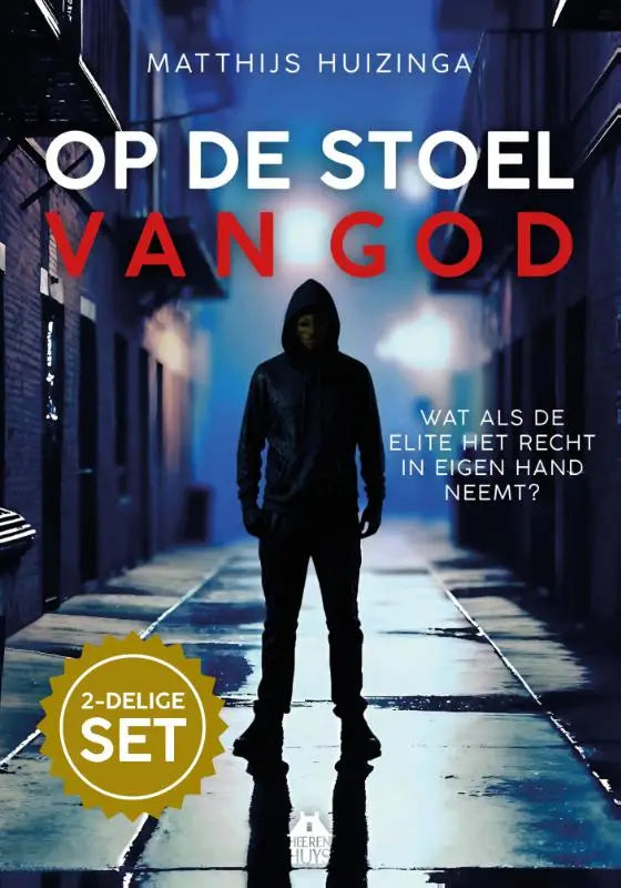 Donkere gehulde figuur in zwarte kleding staat in een schemerige steeg met natte reflecterende bestrating wraak gegijzeld