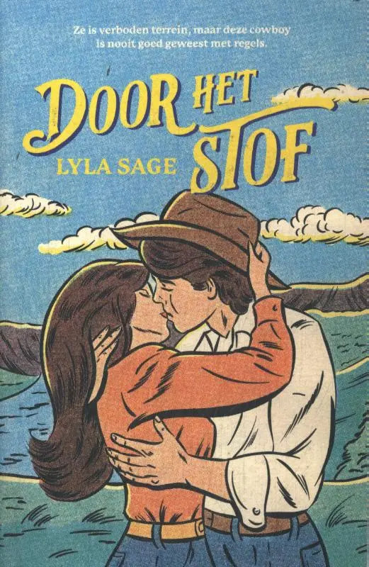 De cover van de nederlandstalige romantische roman door het stof van lyla sage toont een omhelzing onder een blauwe hemel, ideaal voor beste vriend lezers