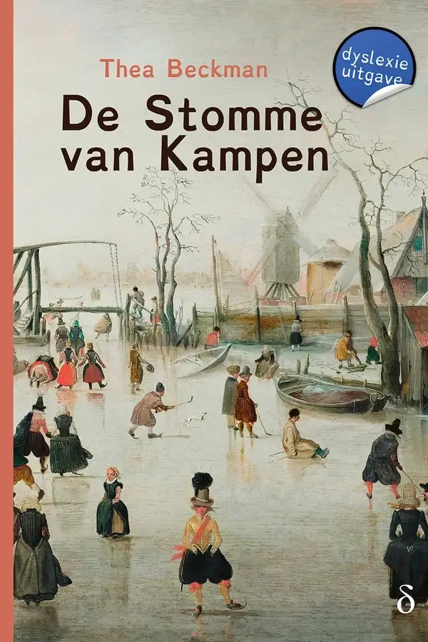 Voorzijde van het boek de stomme van kampen door thea beckman met een gedempte illustratie van schaatsers op een bevroren gracht en een molen op de achtergrond