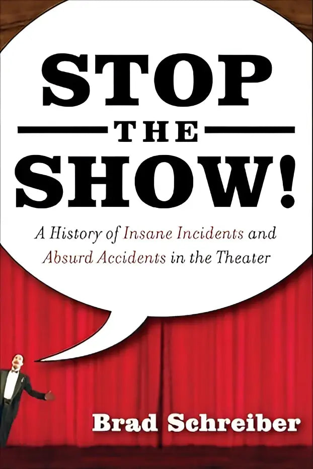 De boekcover toont zwarte tekst op een witte tekstballon tegen een rode theatergordijnachtergrond voor stop the show