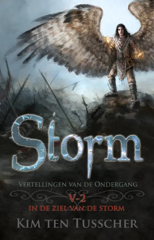 De boekcover van storm 2 toont een fantasieillustratie van een engelachtige figuur met grote veren vleugels op rotsachtig terrein