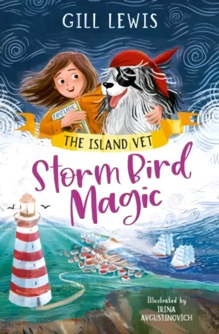Het omslag van het dyslexievriendelijke boek storm bird magic van gill lewis toont een meisje in oranje met een zwarte en witte hond met rode hoed