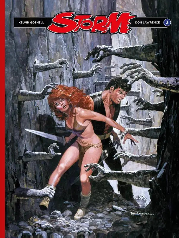 Storm integraal 03 comic boekcover met roodharige vrouw in bruin bikini top en goudgerande shorts naast man in grot vol zombiehanden door kelvin gosnell voor algemeen publiek