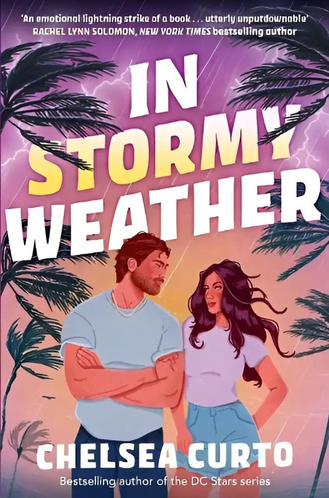 The book cover for in stormy weather by chelsea curto shows two characters under palm trees against a stormy weather sky