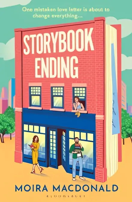 Een levendig roze boek met een blauwe winkelgevel en witte letters op de cover getiteld storybook ending van moira macdonald