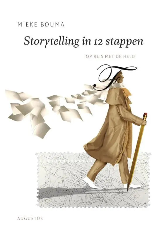 The book cover of storytelling in 12 stappen by mieke bouma shows a figure in a tan coat holding a large pencil, atlas contact