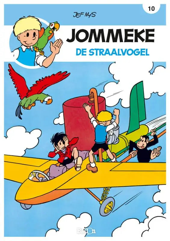 De cover van het jommeke stripalbum de straalvogel toont een gele vliegtuig met rode en groene accenten in blauwe lucht door jef nys