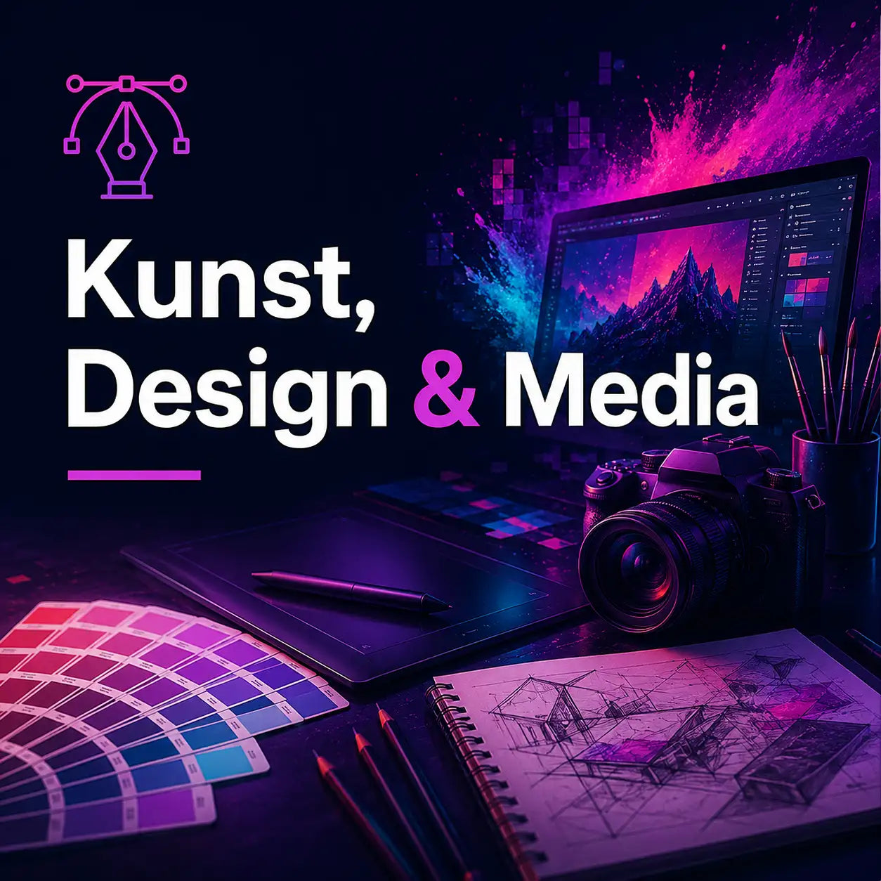 Een strak zwart digitaal tablet met een stylus die op het oppervlak rust, omringd door ontwerptools en levendige kleurschakeringen onder neonverlichting.