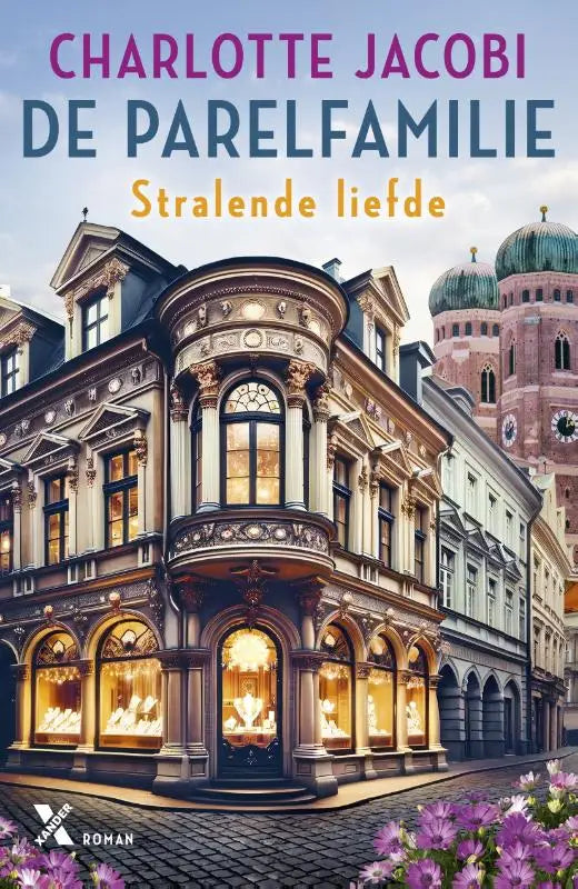 De parelfamilie stralende liefde boekcover met een sierlijk europees gebouw en kloktoren op de achtergrond